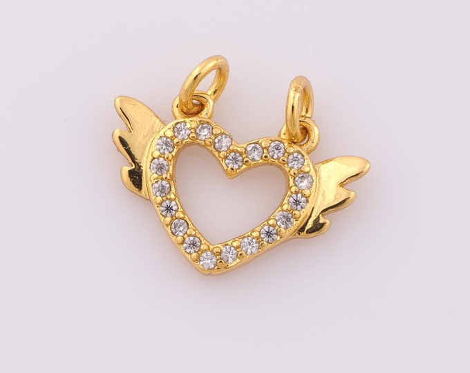 1 pcs Gold CZ Heart Pendant,18K Gold Filled Wing Charm,Heart Charm DIY Bracelet Necklace Jewelry Making Findings Supply