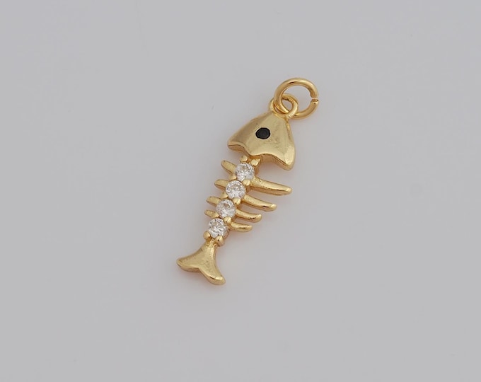1 pcs Gold CZ Fishbone Pendant,18K Gold Filled Fishbone Charm,Fishbone Charm DIY Bracelet Necklace Jewelry Making Findings Supply
