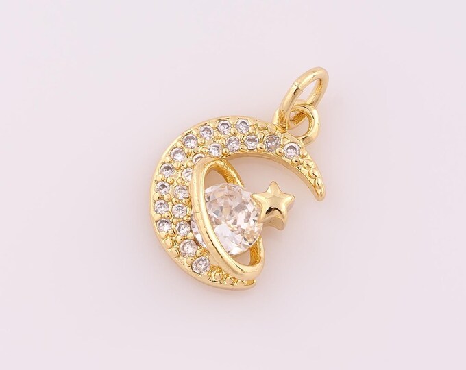 1 pcs Gold CZ Moon Pendant,18K Gold Filled Saturn Charm,Star Charm DIY Bracelet Necklace Jewelry Making Findings Supply