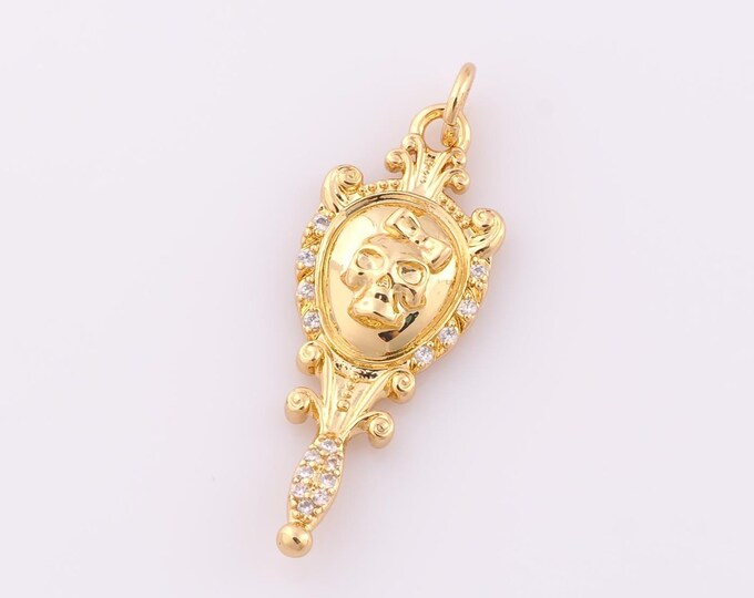 1 pcs Gold CZ Mirror Pendant,18K Gold Filled Skull Charm,Bow Charm DIY Bracelet Necklace Jewelry Making Findings Supply