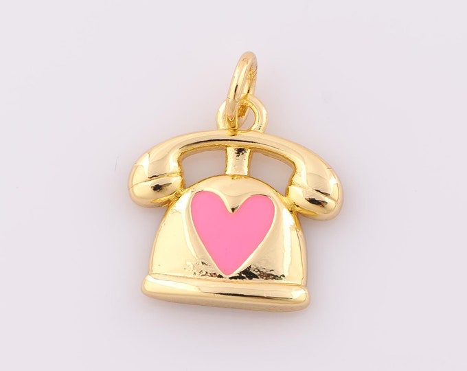 1 pcs Gold Enamel Telephone Pendant,18K Gold Filled Heart Charm,Telephone Charm DIY Bracelet Necklace Jewelry Making Findings Supply