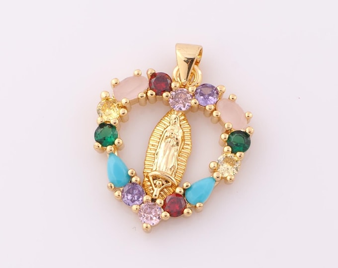 1 pcs Gold CZ Virgin Mary Pendant,18K Gold Filled Religious Charm,Heart Charm DIY Bracelet Necklace Jewelry Making Findings Supply