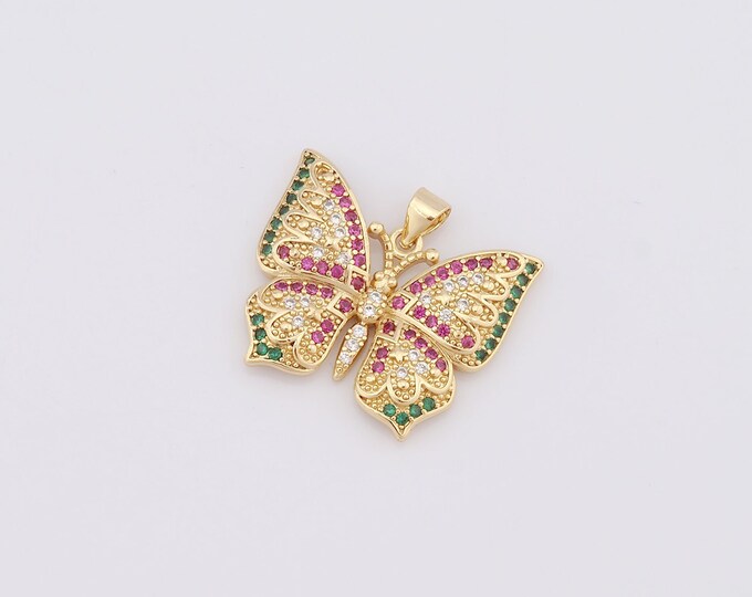 1 pcs Gold Butterfly Pendant,18K Gold Filled CZ Butterfly Charm,Butterfly Charm DIY Bracelet Necklace Jewelry Making Findings Supply