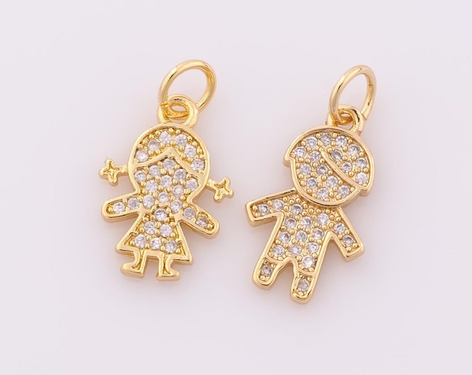 1 pcs Gold CZ Character Pendant,18K Gold Filled Boy Charm,Girl Charm DIY Bracelet Necklace Jewelry Making Findings Supply