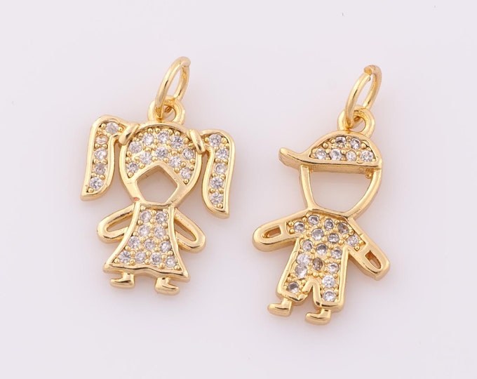 1 pcs Gold CZ Character Pendant,18K Gold Filled Boy Charm,Girl Charm DIY Bracelet Necklace Jewelry Making Findings Supply