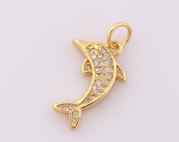 1 pcs Gold CZ Dolphin Pendant,18K Gold Filled Dolphin Charm,Dolphin Charm DIY Bracelet Necklace Jewelry Making Findings Supply