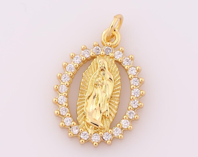 1 pcs Gold CZ Virgin Mary Pendant,18K Gold Filled Religion Charm,Catholic Charm DIY Bracelet Necklace Jewelry Making Findings Supply