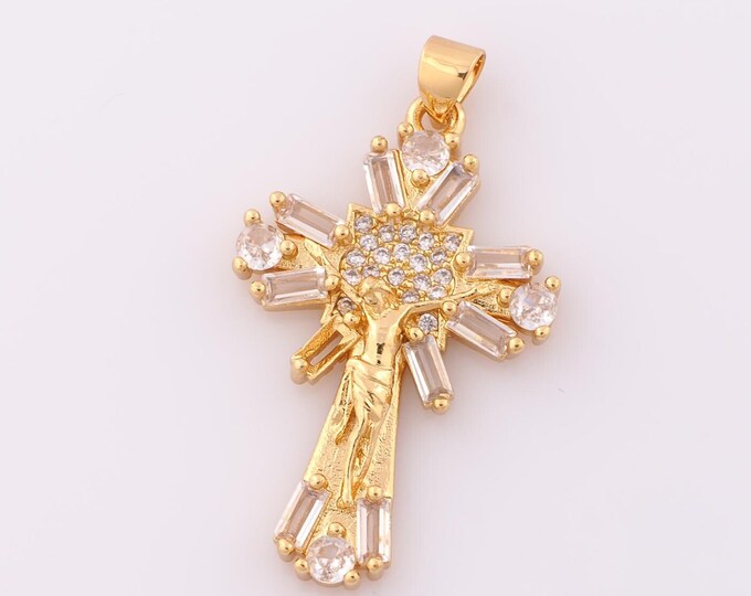 1 pcs Gold CZ Cross Pendant,18K Gold Filled Religious Charm,Victim Charm DIY Bracelet Necklace Jewelry Making Findings Supply