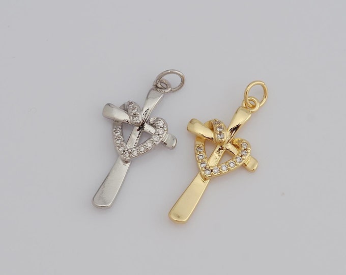 1 pcs Gold CZ Cross Pendant,18K Gold Filled Heart Charm,Religion Charm DIY Bracelet Necklace Jewelry Making Findings Supply