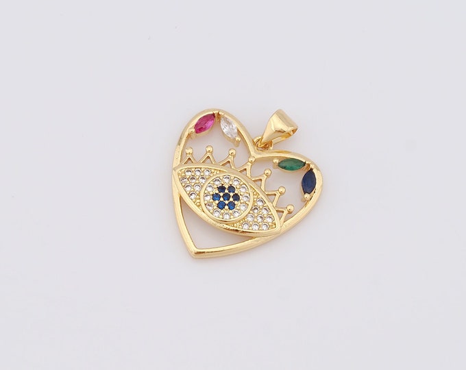 1 pcs Gold Heart Pendant,18K Gold Filled CZ Evil Eye Charm,Heart Charm DIY Bracelet Necklace Jewelry Making Findings Supply