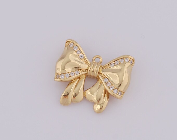 1 pcs Gold Bow Pendant,18K Gold Filled CZ Bow Charm,Bow Charm DIY Bracelet Necklace Jewelry Making Findings Supply