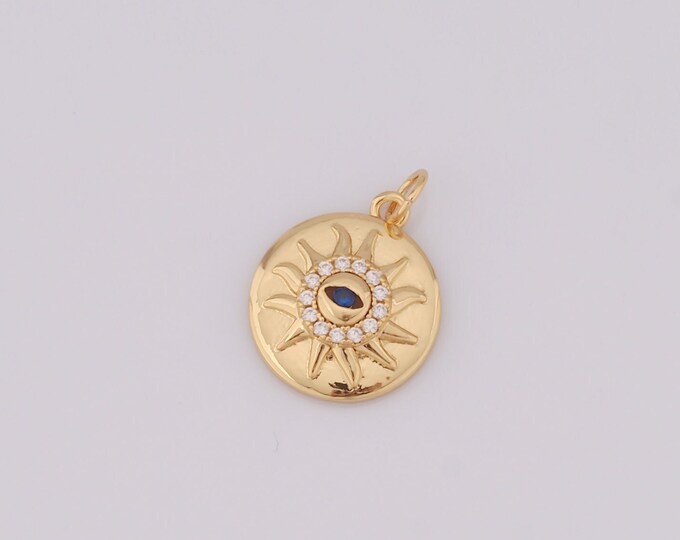 1 pcs Gold Evil Eye Pendant,18K Gold Filled CZ Sun Charm,Eye Charm DIY Bracelet Necklace Jewelry Making Findings Supply