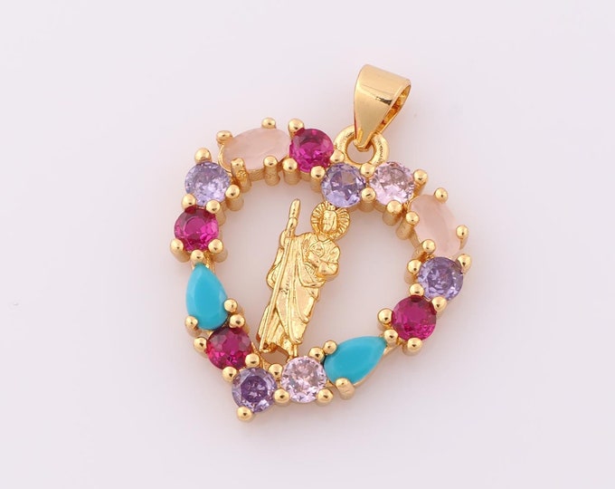 1 pcs Gold CZ Saint Jude Pendant,18K Gold Filled Heart Charm,St.Juda Charm DIY Bracelet Necklace Jewelry Making Findings Supply