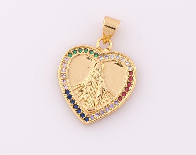 1 pcs Gold CZ Virgin Mary Pendant,18K Gold Filled Religion Charm,Heart Charm DIY Bracelet Necklace Jewelry Making Findings Supply