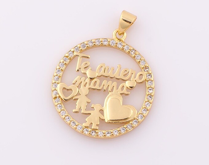 1 pcs Gold CZ Heart Pendant,18K Gold Filled MAMA Charm,Round Charm DIY Bracelet Necklace Jewelry Making Findings Supply