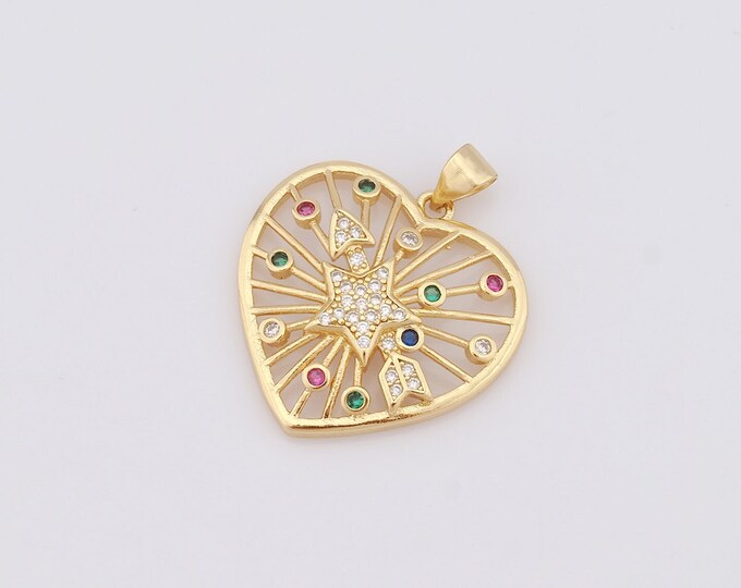 1 pcs Gold Heart Pendant,18K Gold Filled CZ Star Charm,Heart Charm DIY Bracelet Necklace Jewelry Making Findings Supply