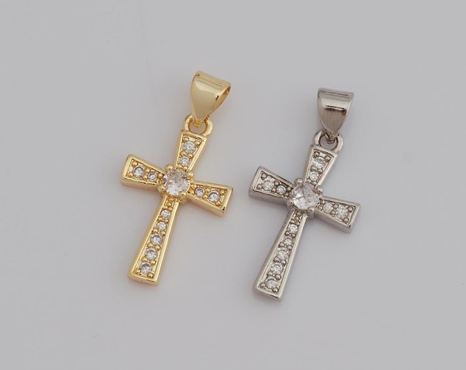 1 pcs Gold CZ Cross Pendant,18K Gold Filled Religion Charm,Christian Charm DIY Bracelet Necklace Jewelry Making Findings Supply