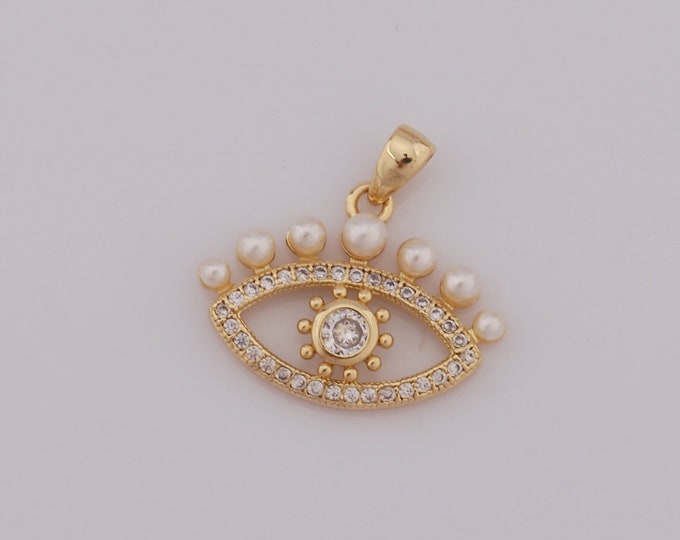 1 pcs Gold CZ Evil Eye Pendant,18K Gold Filled Pearl Charm,Eye Charm DIY Bracelet Necklace Jewelry Making Findings Supply