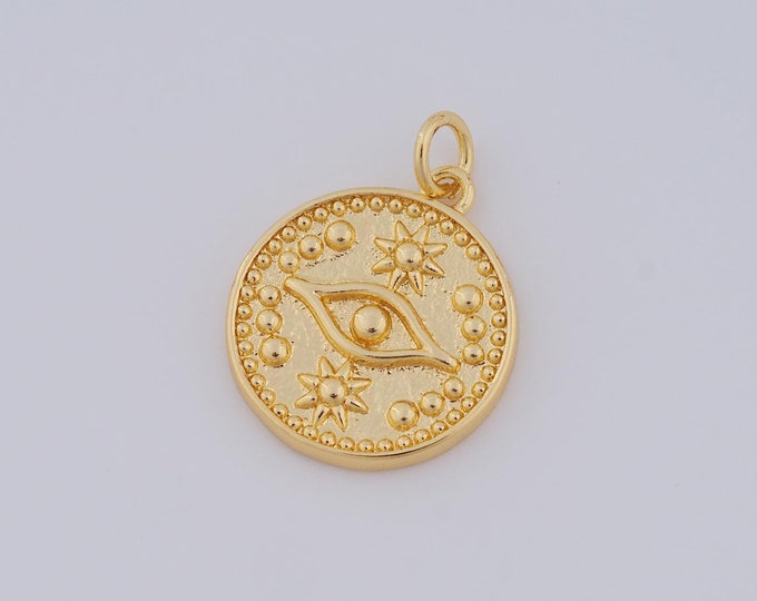 1 pcs Gold Evil Eye Pendant,18K Gold Filled Eye Charm,Round Charm DIY Bracelet Necklace Jewelry Making Findings Supply