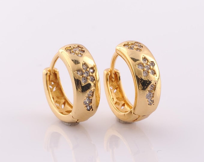 1 pair Gold CZ Flower Earrings,18K Gold Filled Huggie Hoop Earrings,Hoop Earrings,Hypoallergenic Huggie Hoop,Gift for Her