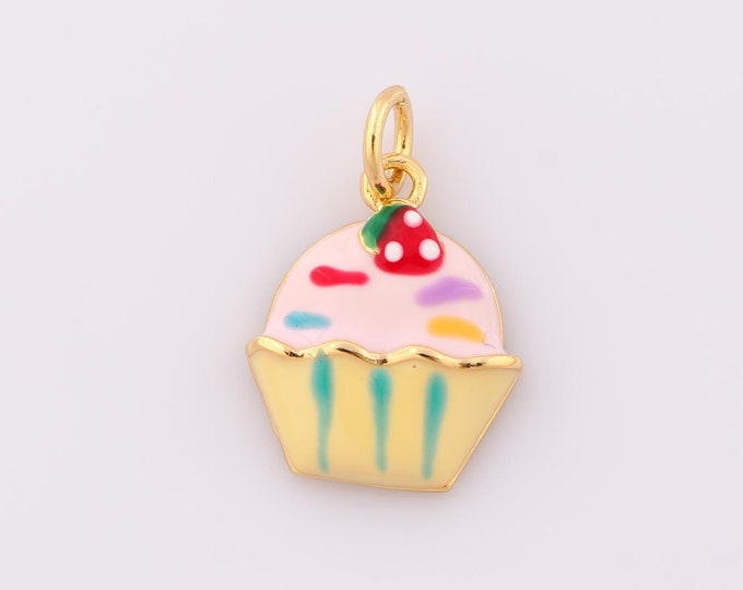 1 pcs Gold Enamel Cake Pendant,18K Gold Filled Cake Charm,Cake Charm DIY Bracelet Necklace Jewelry Making Findings Supply