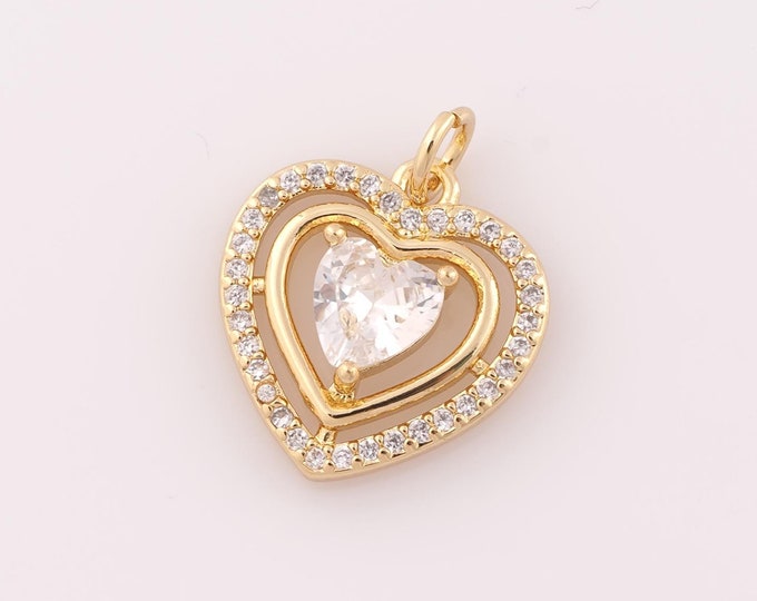 1 pcs Gold CZ Heart Pendant,18K Gold Filled Heart Charm,Heart Charm DIY Bracelet Necklace Jewelry Making Findings Supply