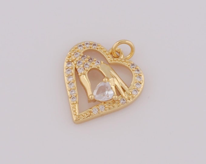 1 pcs Gold CZ Heart Pendant,18K Gold Filled Hamsa Charm,Heart Charm DIY Bracelet Necklace Jewelry Making Findings Supply