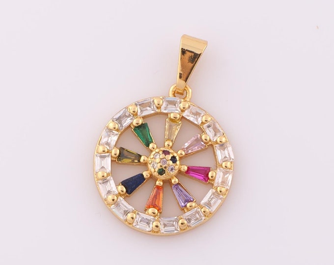 1 pcs Gold CZ Wheel Pendant,18K Gold Filled Round Charm,Wheel Charm DIY Bracelet Necklace Jewelry Making Findings Supply