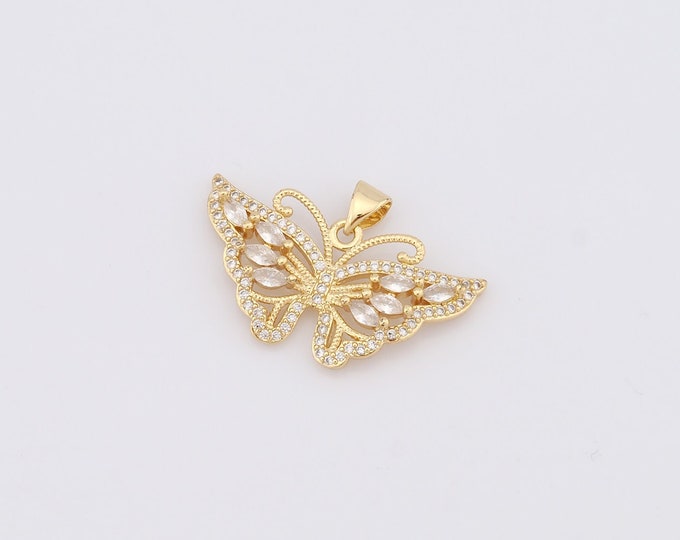 1 pcs Gold Butterfly Pendant,18K Gold Filled CZ Butterfly Charm,Butterfly Charm DIY Bracelet Necklace Jewelry Making Findings Supply