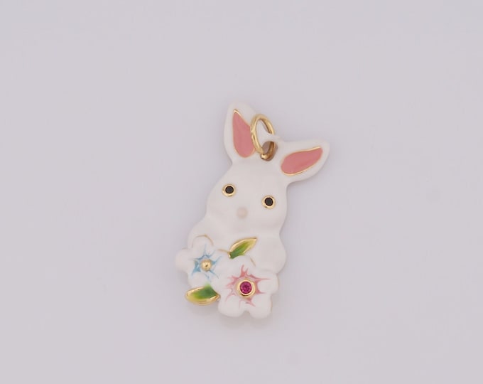 1 pcs Gold Enamel Rabbit Pendant,18K Gold Filled CZ Rabbit Charm,Rabbit Charm DIY Bracelet Necklace Jewelry Making Findings Supply