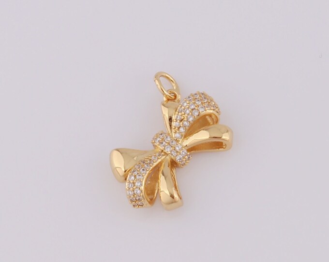 1 pcs Gold CZ Bow Pendant,18K Gold Filled Bow Charm,Bow Charm DIY Bracelet Necklace Jewelry Making Findings Supply