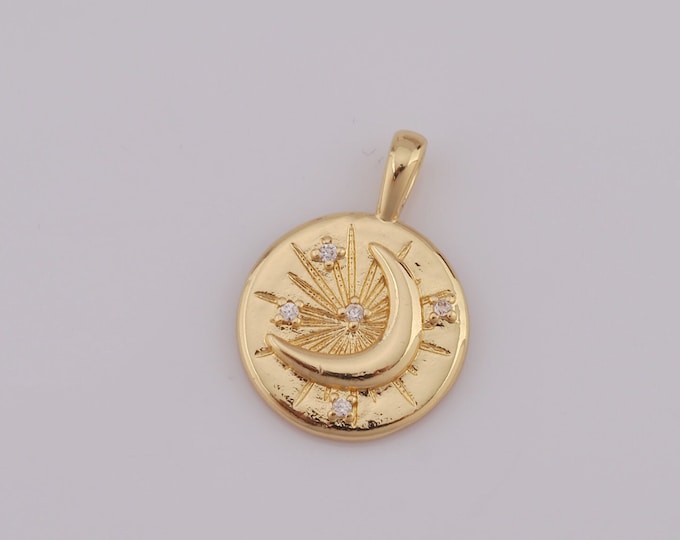 1 pcs Gold Moon Pendant,18K Gold Filled Round Charm,CZ Moon Charm DIY Bracelet Necklace Jewelry Making Findings Supply