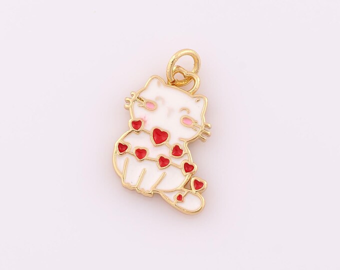 1 pcs Gold Cat Pendant,18K Gold Filled Heart Charm,Enamel Cat Charm DIY Bracelet Necklace Jewelry Making Findings Supply