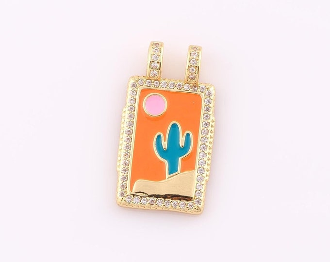 1 pcs Gold CZ Cactus Pendant,18K Gold Filled Sun Charm,Enamel Cactus Charm DIY Bracelet Necklace Jewelry Making Findings Supply