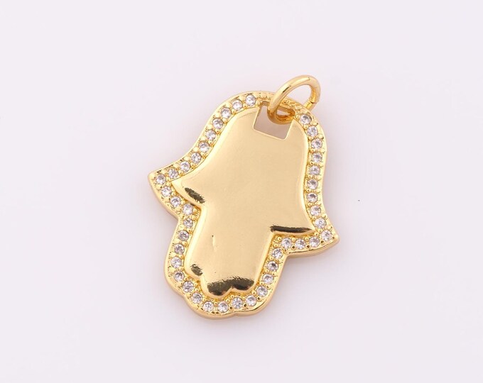 1 pcs Gold CZ Hamsa Pendant,18K Gold Filled Fatima Charm,Hand Charm DIY Bracelet Necklace Jewelry Making Findings Supply