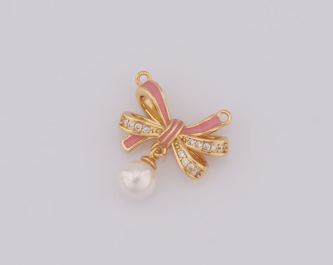 1 pcs Gold Enamel Bow Pendant,18K Gold Filled CZ Bow Charm,Pearl Charm DIY Bracelet Necklace Jewelry Making Findings Supply
