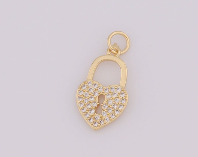 1 pcs Gold Lock Pendant,18K Gold Filled CZ Heart Charms,Lock Charms DIY Bracelet Necklace Jewelry Making Findings Supply