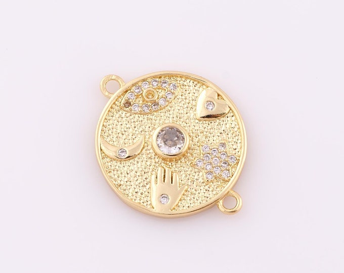 1 pcs Gold CZ Evil Eye Connector,18K Gold Filled Hamsa Connector,Heart Connector DIY Bracelet Necklace Jewelry Making Findings Supply
