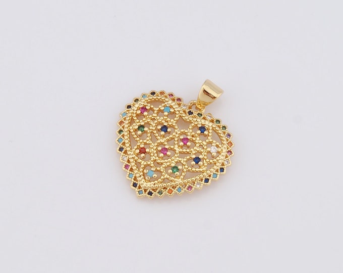 1 pcs Gold Heart Pendant,18K Gold Filled CZ Heart Charm,Heart Charm DIY Bracelet Necklace Jewelry Making Findings Supply