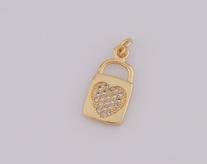 1 pcs Gold Lock Pendant,18K Gold Filled CZ Heart Charm,Lock Charm DIY Bracelet Necklace Jewelry Making Findings Supply