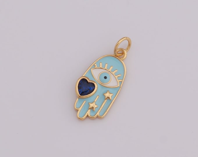 1 pcs Gold CZ Heart Pendant,18K Gold Filled Evil Eye Charm,Enamel Hamsa Charm DIY Bracelet Necklace Jewelry Making Findings Supply