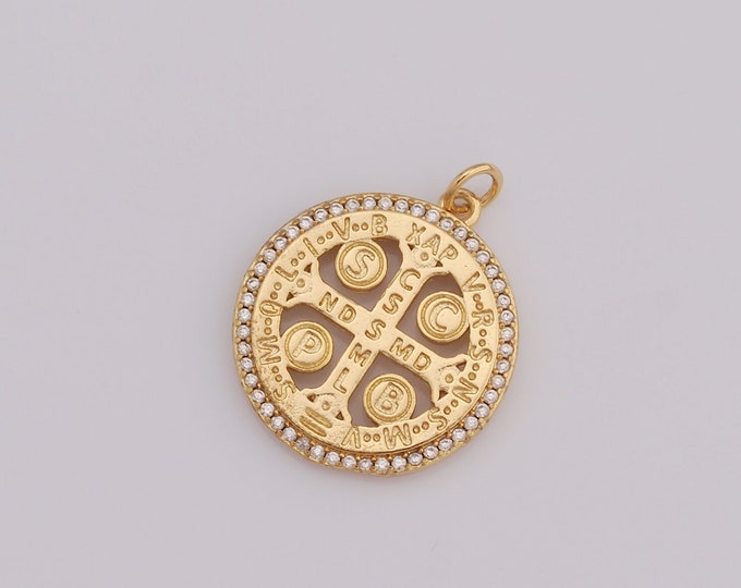 1 pcs Gold CZ Saint Benedict Pendant,18K Gold Filled CSSML Charm,Religion Charm DIY Bracelet Necklace Jewelry Making Findings Supply