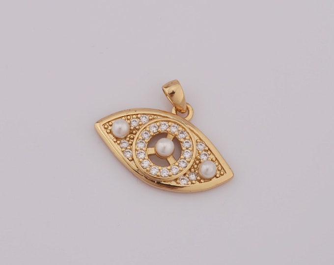 1 pcs Gold Evil Eye Pendant,18K Gold Filled Pearl Charm,CZ Eye Charm DIY Bracelet Necklace Jewelry Making Findings Supply