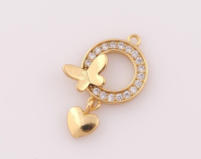 1 pcs Gold CZ Butterfly Pendant,18K Gold Filled Heart Charm,Butterfly Charm DIY Bracelet Necklace Jewelry Making Findings Supply