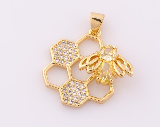 1 pcs Gold CZ Bee Pendant,18K Gold Filled Honeycomb Charm,Bee Charm DIY Bracelet Necklace Jewelry Making Findings Supply