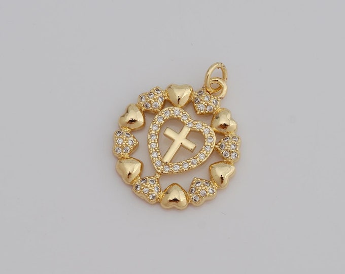 1 pcs Gold CZ Heart Pendant,18K Gold Filled Cross Charm,Heart Charm DIY Bracelet Necklace Jewelry Making Findings Supply