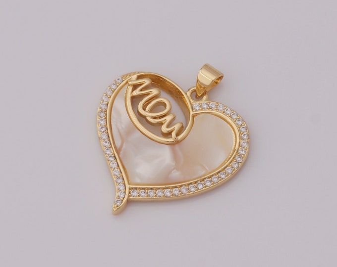 1 pcs Gold MOM Pendant,18K Gold Filled CZ Heart Charm,Heart Charm DIY Bracelet Necklace Jewelry Making Findings Supply