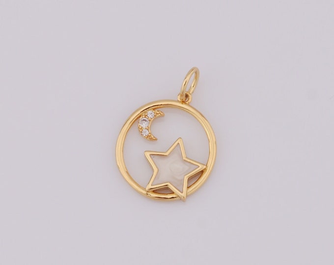 1 pcs Gold Star Pendant,18K Gold Filled CZ Moon Charm,Round Charm DIY Bracelet Necklace Jewelry Making Findings Supply