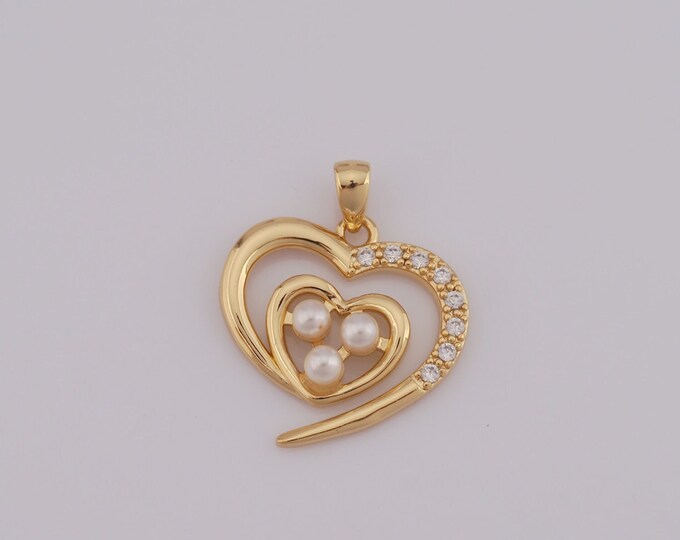 1 pcs Gold CZ Heart Pendant,18K Gold Filled Pearl Charm,Heart Charm DIY Bracelet Necklace Jewelry Making Findings Supply