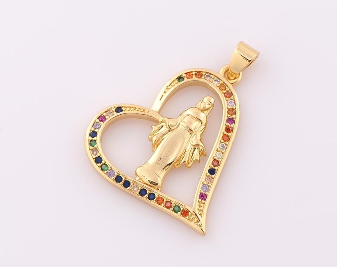1 pcs Gold CZ Virgin Mary Pendant,18K Gold Filled Religion Charm,Heart Charm DIY Bracelet Necklace Jewelry Making Findings Supply